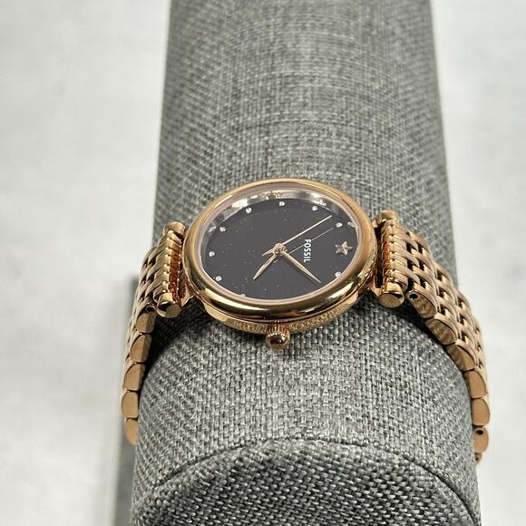 Fossil Watch Womens 28mm Rose Gold Tone Black Glitter Dial Star New Battery - Picture 3 of 10